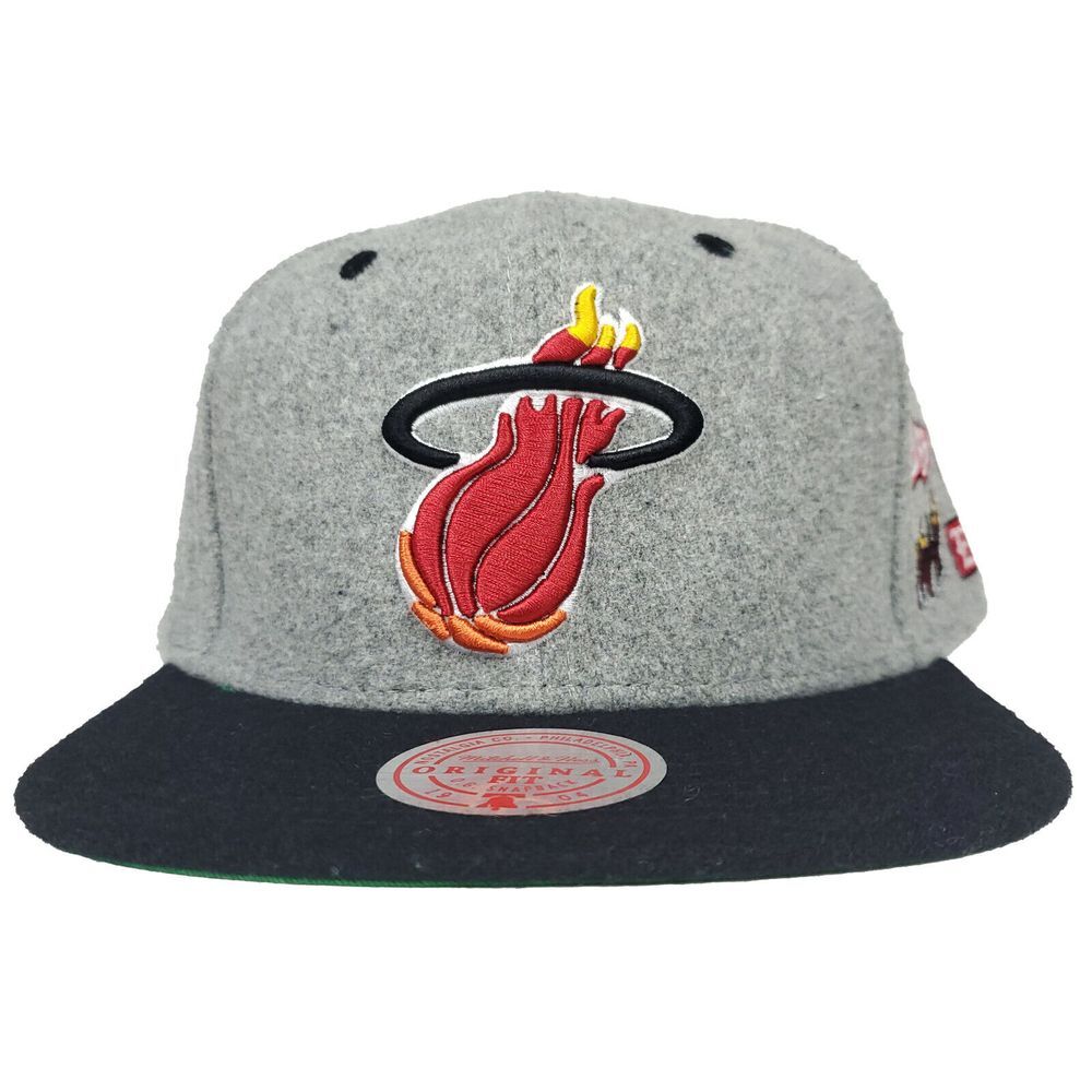 Miami Heat Mitchell & Ness NBA Snapback Cap Hat 3D Logo Side Logos Gray Wool NWT